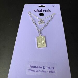NWT Claires Silver Aquarius Zodiac Layered Set of 2‎ Necklaces Jan Feb Gift
